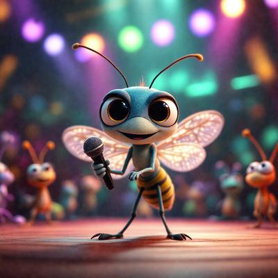 The primary subject of the image is a cartoon character, specifically a blue bee, who is standing on a stage and holding a microphone. The setting is a stage with a backdrop of lights, creating a lively atmosphere. The visual style is a digital art or illustration, with the bee and other characters being depicted in a vibrant and colorful manner. The colors and mood of the image are predominantly blue and energetic, reflecting the character's personality and the overall theme of